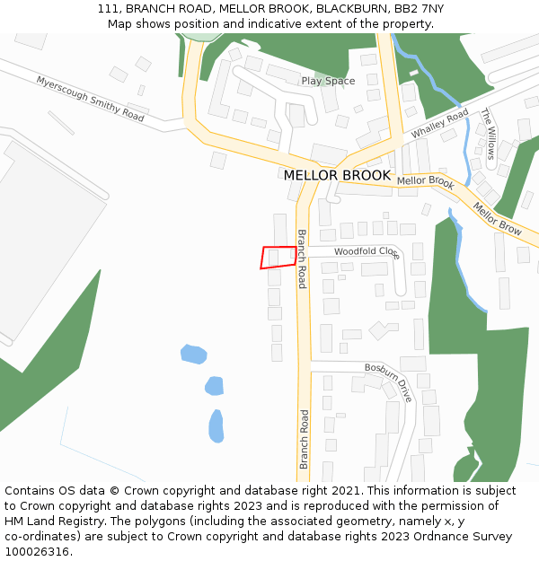 111, BRANCH ROAD, MELLOR BROOK, BLACKBURN, BB2 7NY: Location map and indicative extent of plot