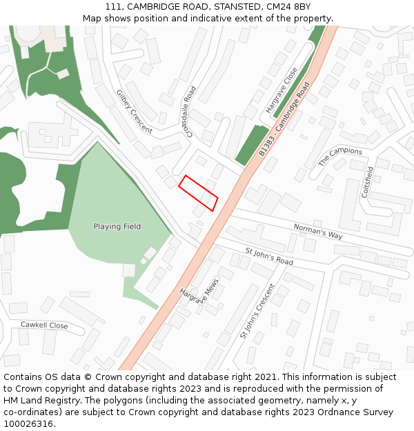 111, CAMBRIDGE ROAD, STANSTED, CM24 8BY: Location map and indicative extent of plot