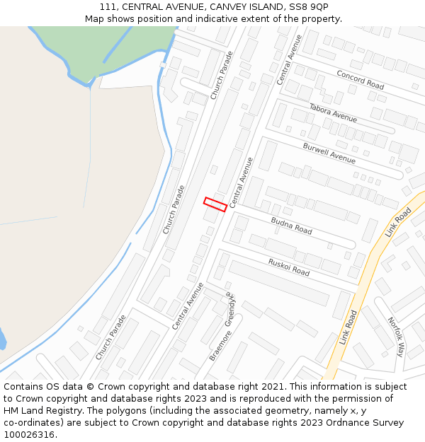 111, CENTRAL AVENUE, CANVEY ISLAND, SS8 9QP: Location map and indicative extent of plot