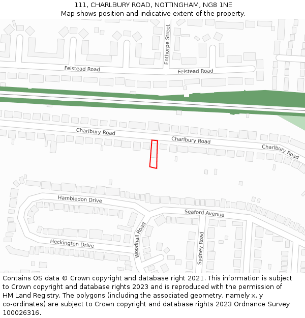 111, CHARLBURY ROAD, NOTTINGHAM, NG8 1NE: Location map and indicative extent of plot