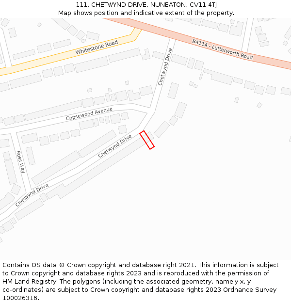 111, CHETWYND DRIVE, NUNEATON, CV11 4TJ: Location map and indicative extent of plot