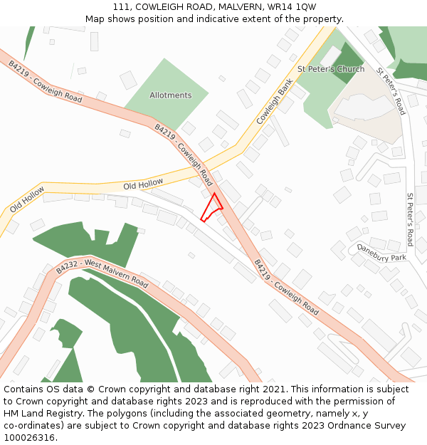 111, COWLEIGH ROAD, MALVERN, WR14 1QW: Location map and indicative extent of plot