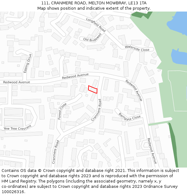 111, CRANMERE ROAD, MELTON MOWBRAY, LE13 1TA: Location map and indicative extent of plot