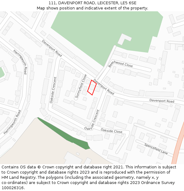 111, DAVENPORT ROAD, LEICESTER, LE5 6SE: Location map and indicative extent of plot