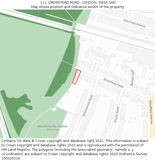 111, DREWSTEAD ROAD, LONDON, SW16 1AD: Location map and indicative extent of plot