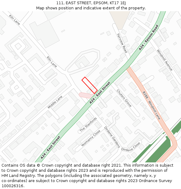 111, EAST STREET, EPSOM, KT17 1EJ: Location map and indicative extent of plot