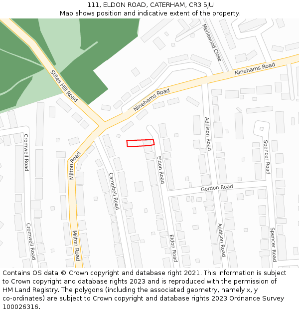 111, ELDON ROAD, CATERHAM, CR3 5JU: Location map and indicative extent of plot
