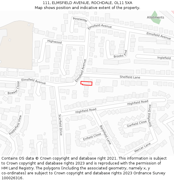 111, ELMSFIELD AVENUE, ROCHDALE, OL11 5XA: Location map and indicative extent of plot