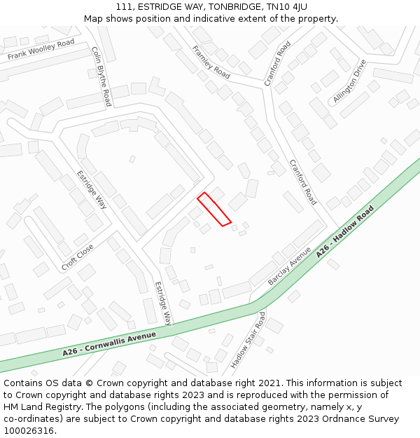 111, ESTRIDGE WAY, TONBRIDGE, TN10 4JU: Location map and indicative extent of plot