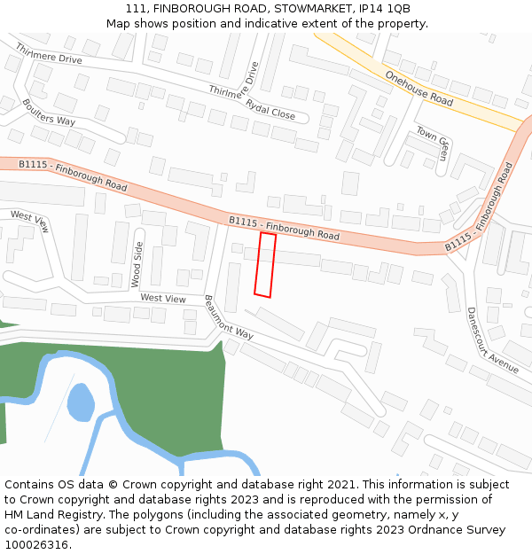 111, FINBOROUGH ROAD, STOWMARKET, IP14 1QB: Location map and indicative extent of plot