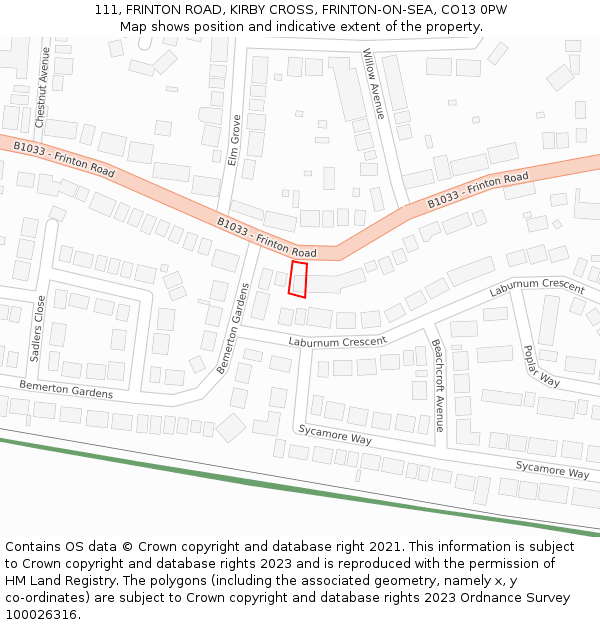 111, FRINTON ROAD, KIRBY CROSS, FRINTON-ON-SEA, CO13 0PW: Location map and indicative extent of plot