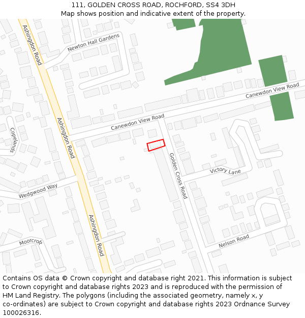 111, GOLDEN CROSS ROAD, ROCHFORD, SS4 3DH: Location map and indicative extent of plot