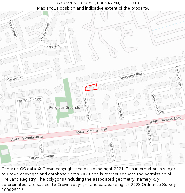 111, GROSVENOR ROAD, PRESTATYN, LL19 7TR: Location map and indicative extent of plot