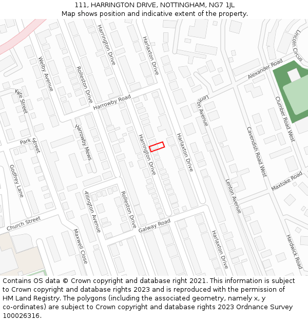 111, HARRINGTON DRIVE, NOTTINGHAM, NG7 1JL: Location map and indicative extent of plot