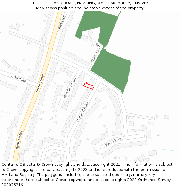 111, HIGHLAND ROAD, NAZEING, WALTHAM ABBEY, EN9 2PX: Location map and indicative extent of plot