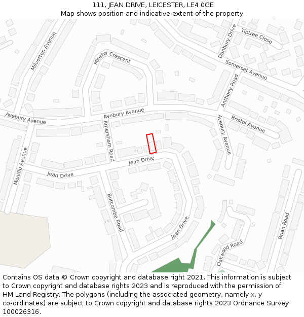 111, JEAN DRIVE, LEICESTER, LE4 0GE: Location map and indicative extent of plot