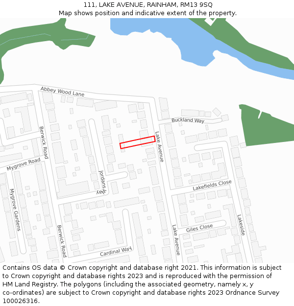 111, LAKE AVENUE, RAINHAM, RM13 9SQ: Location map and indicative extent of plot