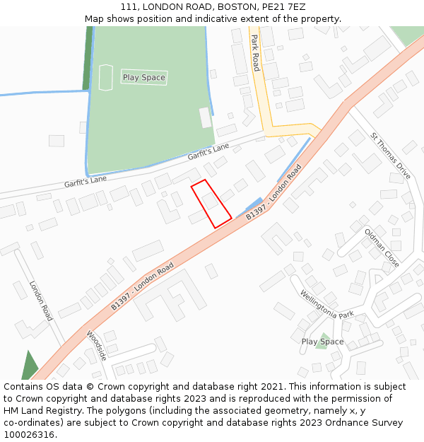 111, LONDON ROAD, BOSTON, PE21 7EZ: Location map and indicative extent of plot