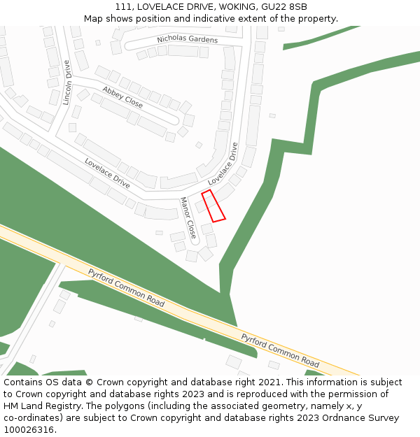 111, LOVELACE DRIVE, WOKING, GU22 8SB: Location map and indicative extent of plot
