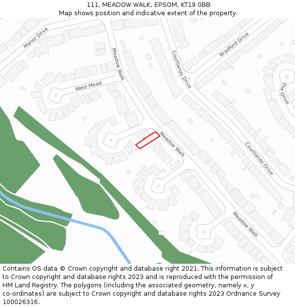 111, MEADOW WALK, EPSOM, KT19 0BB: Location map and indicative extent of plot