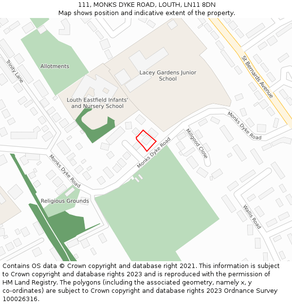 111, MONKS DYKE ROAD, LOUTH, LN11 8DN: Location map and indicative extent of plot