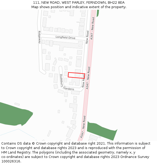 111, NEW ROAD, WEST PARLEY, FERNDOWN, BH22 8EA: Location map and indicative extent of plot