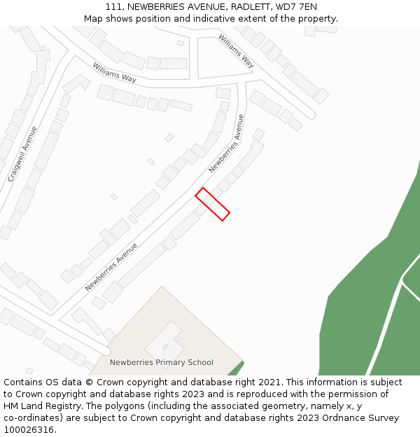 111, NEWBERRIES AVENUE, RADLETT, WD7 7EN: Location map and indicative extent of plot