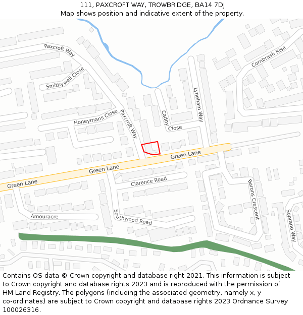 111, PAXCROFT WAY, TROWBRIDGE, BA14 7DJ: Location map and indicative extent of plot