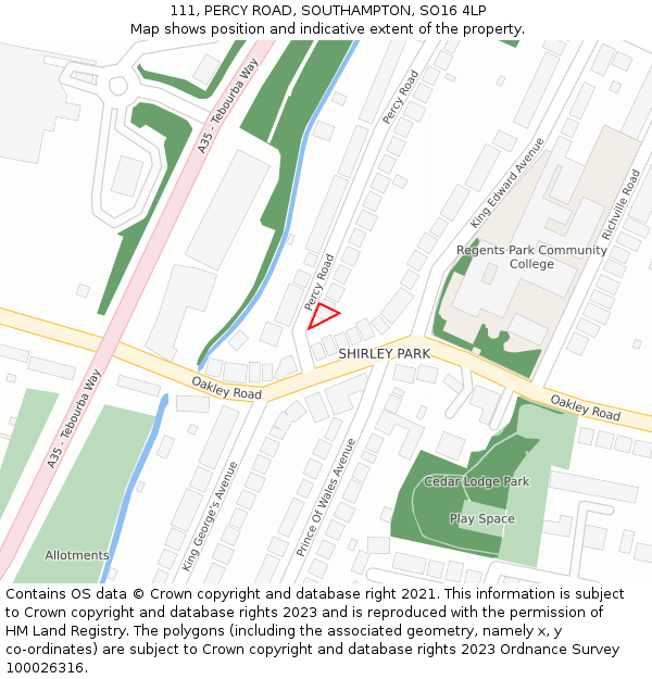 111, PERCY ROAD, SOUTHAMPTON, SO16 4LP: Location map and indicative extent of plot