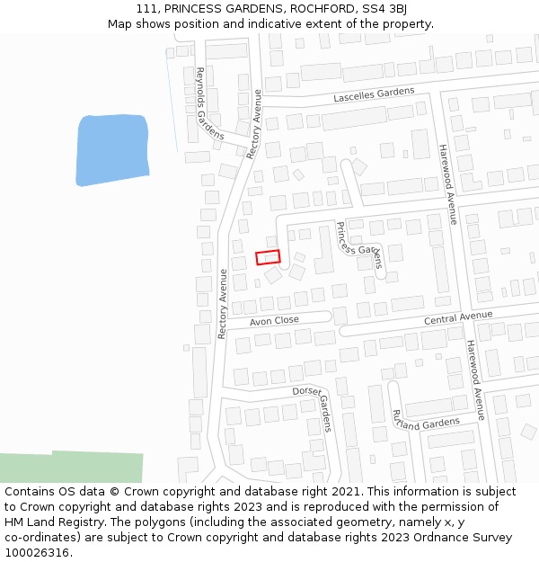 111, PRINCESS GARDENS, ROCHFORD, SS4 3BJ: Location map and indicative extent of plot