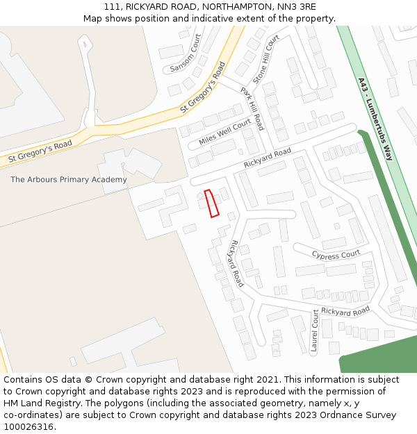 111, RICKYARD ROAD, NORTHAMPTON, NN3 3RE: Location map and indicative extent of plot