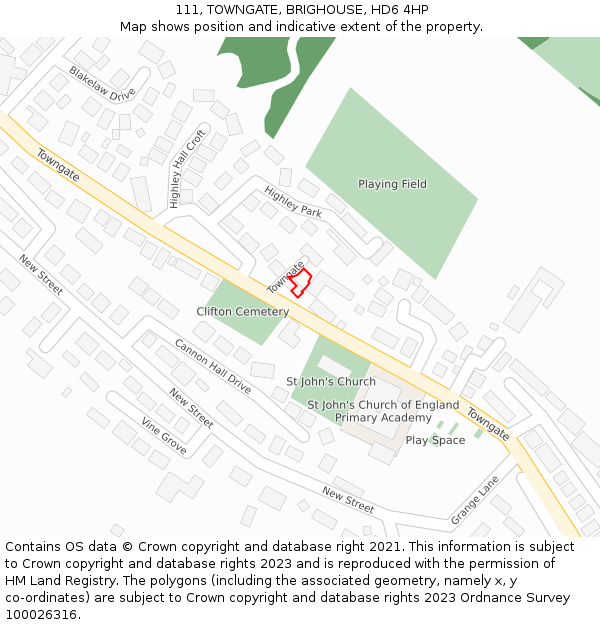 111, TOWNGATE, BRIGHOUSE, HD6 4HP: Location map and indicative extent of plot