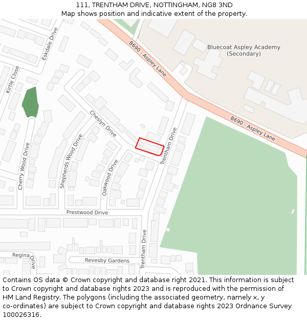 111, TRENTHAM DRIVE, NOTTINGHAM, NG8 3ND: Location map and indicative extent of plot