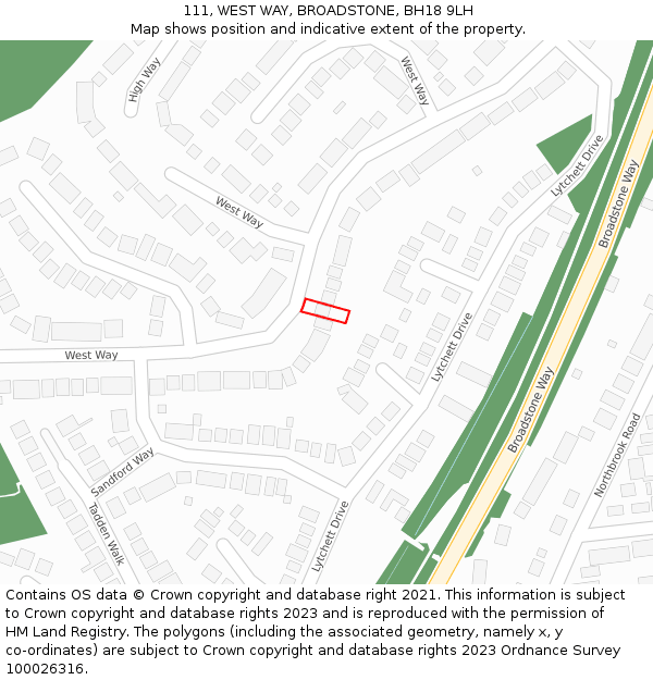 111, WEST WAY, BROADSTONE, BH18 9LH: Location map and indicative extent of plot