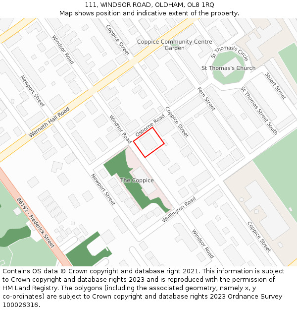 111, WINDSOR ROAD, OLDHAM, OL8 1RQ: Location map and indicative extent of plot