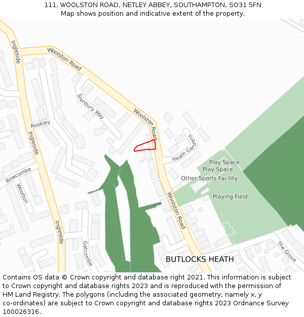 111, WOOLSTON ROAD, NETLEY ABBEY, SOUTHAMPTON, SO31 5FN: Location map and indicative extent of plot