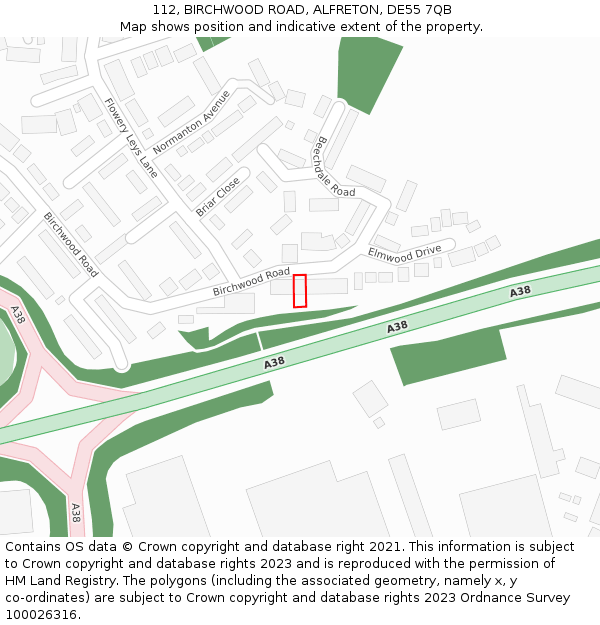 112, BIRCHWOOD ROAD, ALFRETON, DE55 7QB: Location map and indicative extent of plot