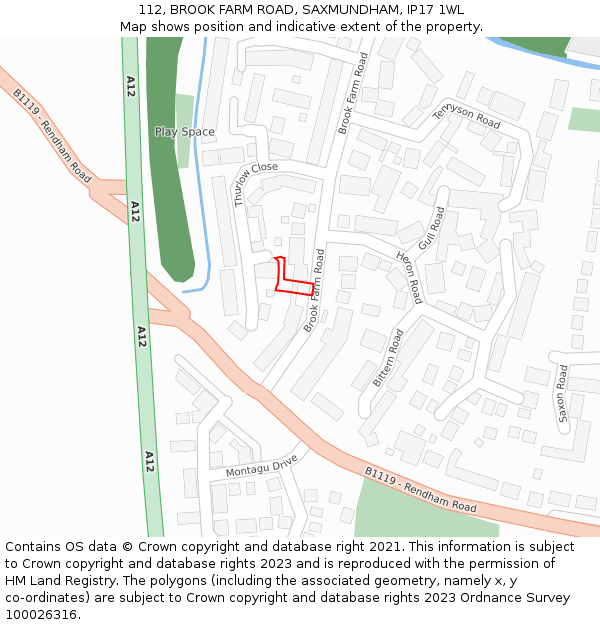 112, BROOK FARM ROAD, SAXMUNDHAM, IP17 1WL: Location map and indicative extent of plot