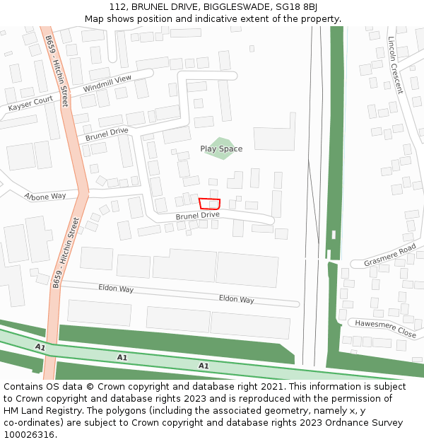 112, BRUNEL DRIVE, BIGGLESWADE, SG18 8BJ: Location map and indicative extent of plot