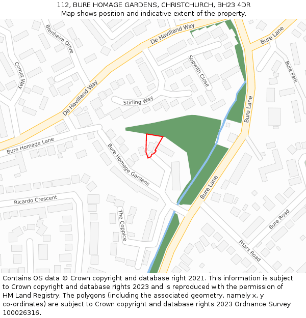 112, BURE HOMAGE GARDENS, CHRISTCHURCH, BH23 4DR: Location map and indicative extent of plot