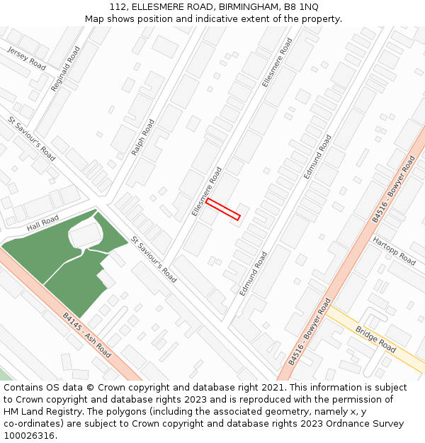 112, ELLESMERE ROAD, BIRMINGHAM, B8 1NQ: Location map and indicative extent of plot