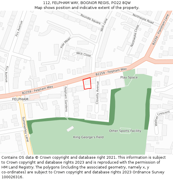 112, FELPHAM WAY, BOGNOR REGIS, PO22 8QW: Location map and indicative extent of plot