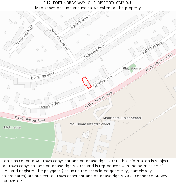 112, FORTINBRAS WAY, CHELMSFORD, CM2 9UL: Location map and indicative extent of plot