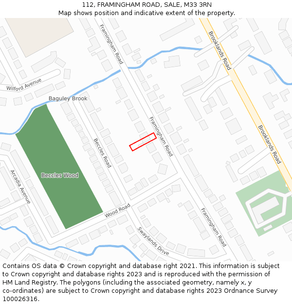 112, FRAMINGHAM ROAD, SALE, M33 3RN: Location map and indicative extent of plot
