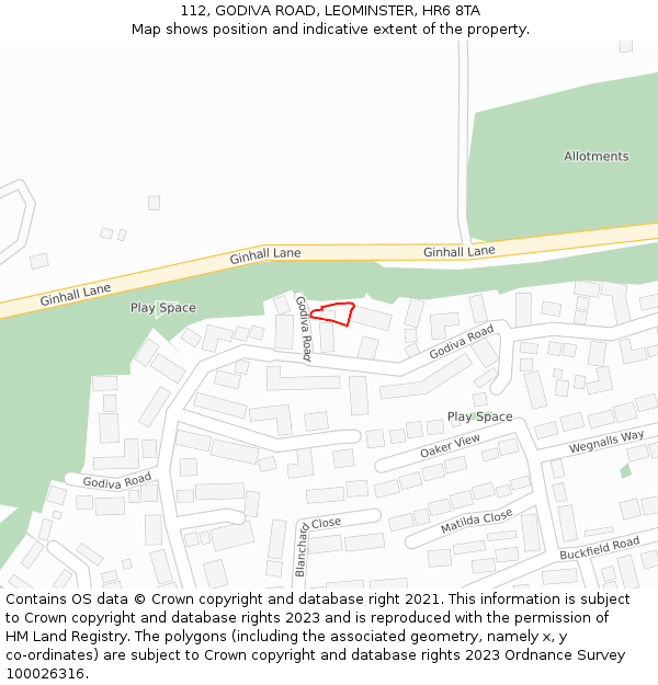 112, GODIVA ROAD, LEOMINSTER, HR6 8TA: Location map and indicative extent of plot