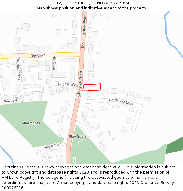112, HIGH STREET, HENLOW, SG16 6AE: Location map and indicative extent of plot