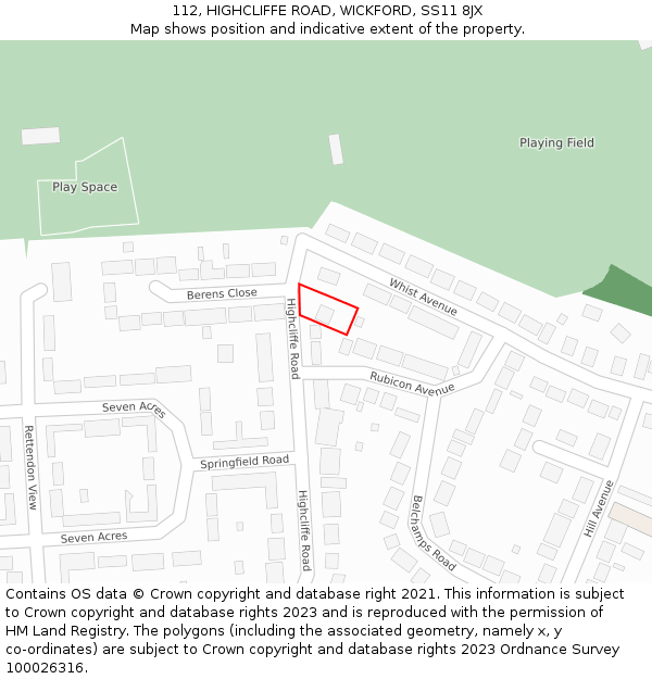 112, HIGHCLIFFE ROAD, WICKFORD, SS11 8JX: Location map and indicative extent of plot