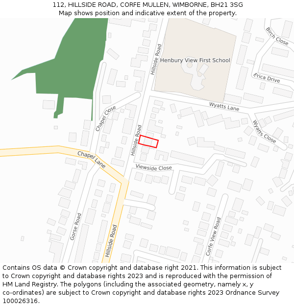 112, HILLSIDE ROAD, CORFE MULLEN, WIMBORNE, BH21 3SG: Location map and indicative extent of plot