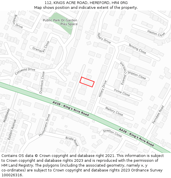 112, KINGS ACRE ROAD, HEREFORD, HR4 0RG: Location map and indicative extent of plot