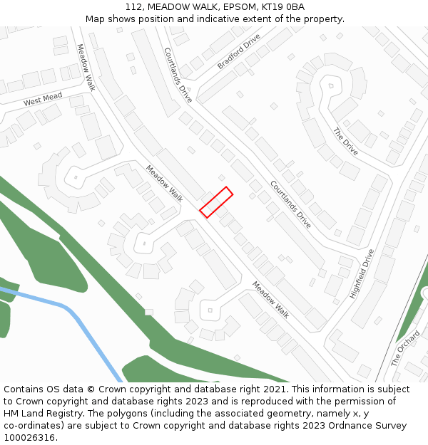 112, MEADOW WALK, EPSOM, KT19 0BA: Location map and indicative extent of plot